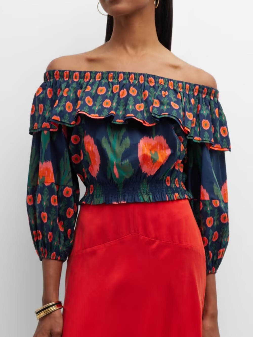 Figue Maren Floral-Print Ruffle Off-The-Shoulder Crop Top